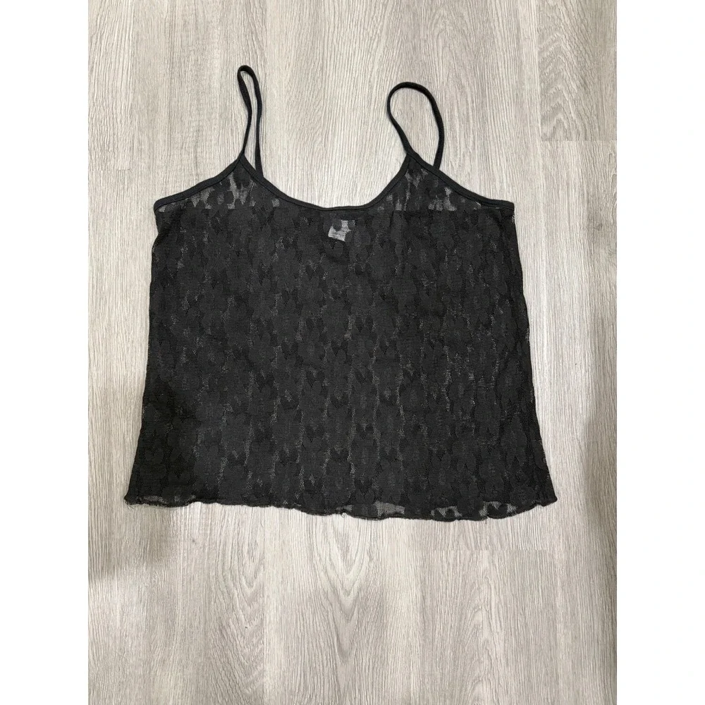 Black Flower Lace Sheer Mesh Cami Top XL Whimsigoth Fairy Grunge Y2K Coquette
